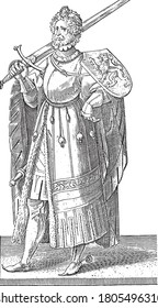 Count Floris V of Holland, full-length, with sword on his shoulder. A lion climbing on the coat of arms, vintage engraving.