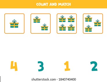 Count gift boxes and match them with numbers. Educational math game for kids. 