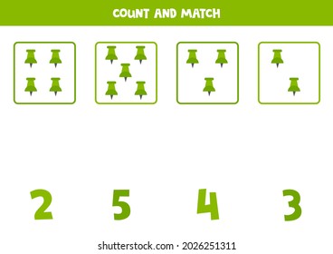 Count green push pin and match with correct numbers. Math game for kids.