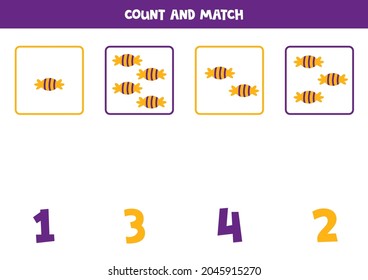 Count Halloween candies and match with correct numbers. Math game for kids.