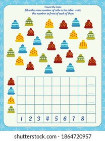  Count the hats
fill in the same number of cells in the table, write
this number in front of each of them