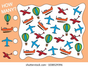 Count how many air transport objects and write the result. Mathematical game for children.