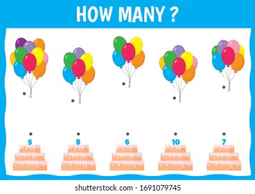 Cuenta cuántos globos. Juego para niños en edad preescolar. Un juego matemático educativo. 