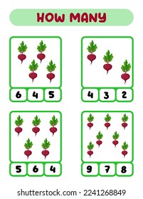 Count how many beets. Write down the answer. Educational games for kids.