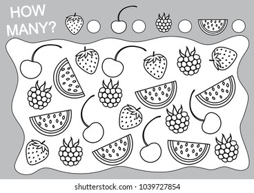 Count how many berries. Mathematical game for children. Color berries. Vector