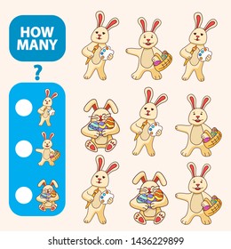 Count how many 
bunny is educational game. Maths task development of logical thinking of children. Counting 
rabbits games  for preschool 
kids. Easter hare with the painted eggs
Flat vector.