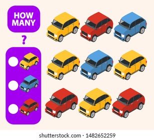 Count how many car is educational game. Maths task development of logical thinking of children. Flat illustration SUV cartoon character vector.