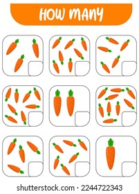 Count how many carrots. Write down the answer. Educational games for kids.