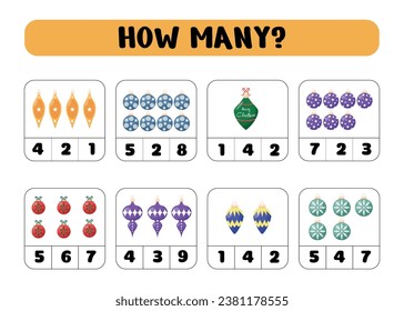 Count how many Christmas balls there are. Write down the answer. Educational games for children. Preschool worksheet activity, count and choose an answer, vector illustration