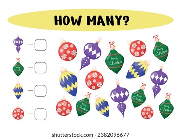 Cuente cuántas bolas de Navidad hay. Anote la respuesta. Juegos educativos para niños. Actividad de la hoja de cálculo preescolar, contar y elegir una respuesta, ilustración vectorial