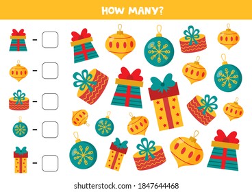 Cuente cuántos regalos y bolas de Navidad. Hoja de cálculo matemática para niños. 