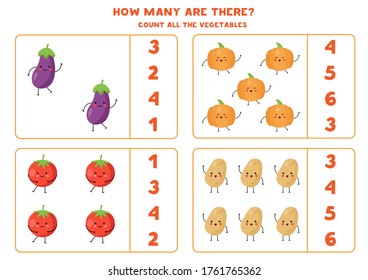 Count how many different kawaii vegetables are there. Educational game for kids. Counting game for children. Cute eggplant, pumpkin, tomato, potato. 