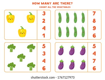 Cuenta cuántas verduras kawaii hay. Juego educativo para los niños. Juego de conteo para niños. berenjena, pepino, pimienta amarilla y brócoli. 