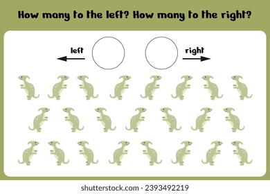 Count how many dinos go to the right and left Logical game for children Left-right. Training sheet.  Vector illustration