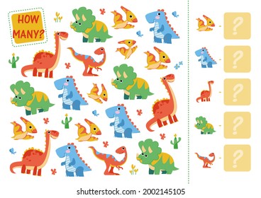 Count how many dinosaurs. Mini math game how many for preschoolers and kindergarten. Cartoon Vector Illustration of Education Counting Game for Preschool Children