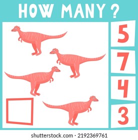 Count how many dinosaurs. Mini math game how many for preschoolers and kindergarten. Cartoon Vector Illustration of Education Counting Game for Preschool Children. Four objects