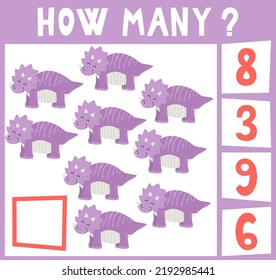 Count how many dinosaurs. Mini math game how many for preschoolers and kindergarten. Cartoon Vector Illustration of Education Counting Game for Preschool Children. Nine objects
