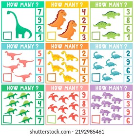 Cuente cuántos dinosaurios. Mini juego de matemáticas cuántos para preescolares y kindergarten. Vector de dibujos animados Ilustración de juego de conteo de educación para niños de preescolar. Juego de cartas