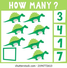 Count How Many Dinosaurs. Mini Math Game How Many For Preschoolers And Kindergarten. Cartoon Vector Illustration Of Education Counting Game For Preschool Children. Seven Objects