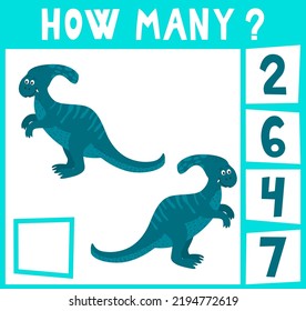 Count how many dinosaurs. Mini math game how many for preschoolers and kindergarten. Cartoon Vector Illustration of Education Counting Game for Preschool Children. 2 objects