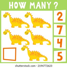 Count how many dinosaurs. Mini math game how many for preschoolers and kindergarten. Cartoon Vector Illustration of Education Counting Game for Preschool Children. Five objects