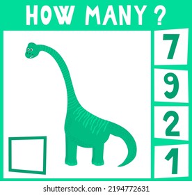 Count how many dinosaurs. Mini math game how many for preschoolers and kindergarten. Cartoon Vector Illustration of Education Counting Game for Preschool Children. One object