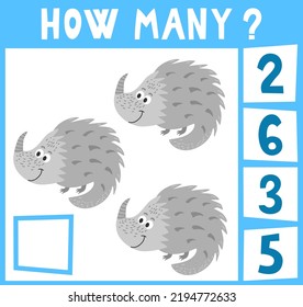 Count how many dinosaurs. Mini math game how many for preschoolers and kindergarten. Cartoon Vector Illustration of Education Counting Game for Preschool Children. 3 objects