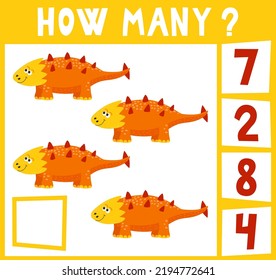 Count how many dinosaurs. Mini math game how many for preschoolers and kindergarten. Cartoon Vector Illustration of Education Counting Game for Preschool Children. 4 objects