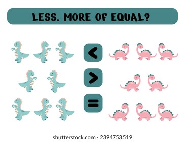 Cuenta cuántos dinosaurios hay a la derecha y a la izquierda, elige el signo derecho. Mayor que, menor o igual a. Un juego de conteo para preescolares