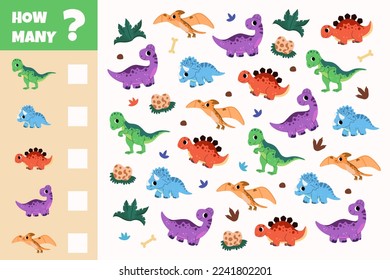 Count how many dinosaurs and write the result for Preschool Children. Education mathematical counting game. Count the number of animals. Mini math worksheet for kindergarten kids. Cartoon Vector