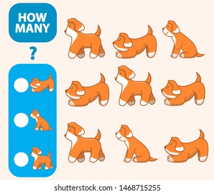 Count how many dogs is educational game. Maths task development of logical thinking of children. Counting 
puppy games for preschool kids. Flat animal character vector