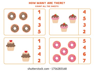 Zähl mal, wie viele Esel und Cupcakes da sind. Erziehungszählspiel für Kinder. Mathe-Spiel für Kinder. Set leckere Süßigkeiten. Druckbares Arbeitsblatt. Zählen Sie die richtige Antwort und kreisen Sie sie.