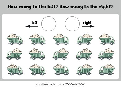 Count how many dump trucks to the right and to the left. A counting game for preschoolers and kindergarteners. Educational sheet for printing. Vector