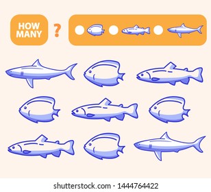 Count how many 
fish is educational game. Maths task development of logical thinking of children. Counting 
small fishes games  for preschool 
kids.
Flat vector.