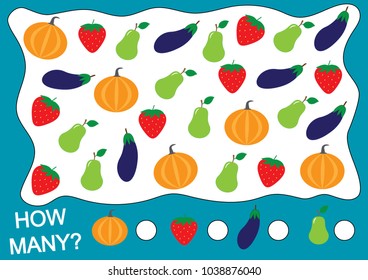 Count how many fruits, berries and vegetables (pear, strawberry, eggplant, pumpkin). Learning numbers, mathematics. Counting game for preschool children.