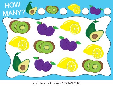 Count how many fruits. Educational game for preschool children. Vector illustration.