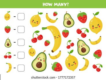 Count how many fruits are there. Educational math game for kids. Vector illustration of kawaii banana, cherry, strawberry, avocado, lemon. Printable worksheet.