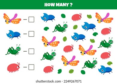 Count how many garden insects for preschool children. Dragonfly, grasshopper, rhinoceros beetle. Education counting game. Write number of bugs. Forest beetle math worksheet. Cartoon vector.