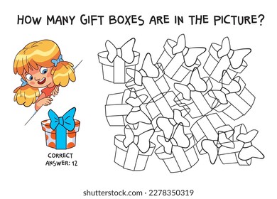 Count how many gift boxes are hidden in the picture. How many items are in picture? Educational game for children. Colorful cartoon characters. Funny vector illustration. Isolated on white background