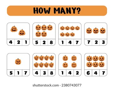 Count how many Halloween pumpkins there are. Write down the answer. Educational games for children. Preschool worksheet activity, count and choose an answer, vector illustration