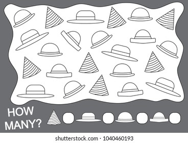 Count how many hats and paint hats. Mathematical game for children.