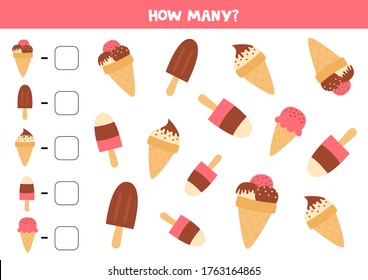 Count how many ice creams are there. Educational counting game for kids. Math worksheet for children. 