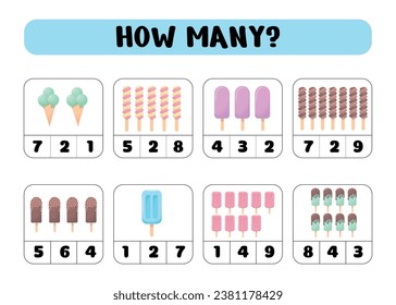 Count how many ice creams. Write down the answer. Educational games for children. Preschool worksheet activity, count and choose an answer, vector illustration