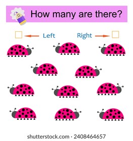 Count how many ladybugs are turned left and how many are turned right. Vector. 
