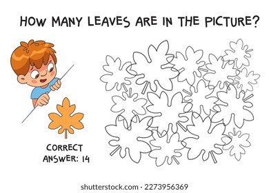 Count how many leaves are hidden in the picture. How many items are in picture? Educational game for children. Colorful cartoon characters. Funny vector illustration. Isolated on white background