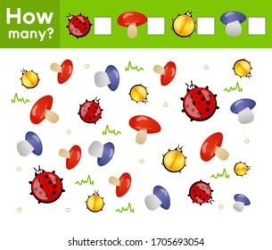 Count how many mushrooms and ladybugs. Write the answers. Counting game for preschool children. Vector illustration.	