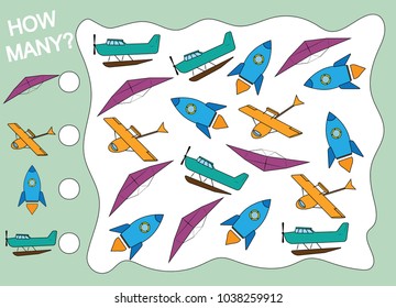 Count how many object of air transport. Mathematical game for preschool children. Vector illustration.