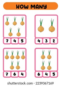 Count how many onions. Write down the answer. Educational games for kids.