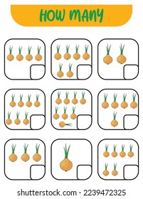 Count how many onions. Write down the answer. Educational games for kids.