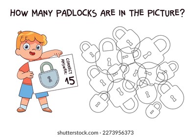 Count how many padlocks are hidden in the picture. How many items are in picture? Educational game for children. Colorful cartoon characters. Funny vector illustration. Isolated on white background